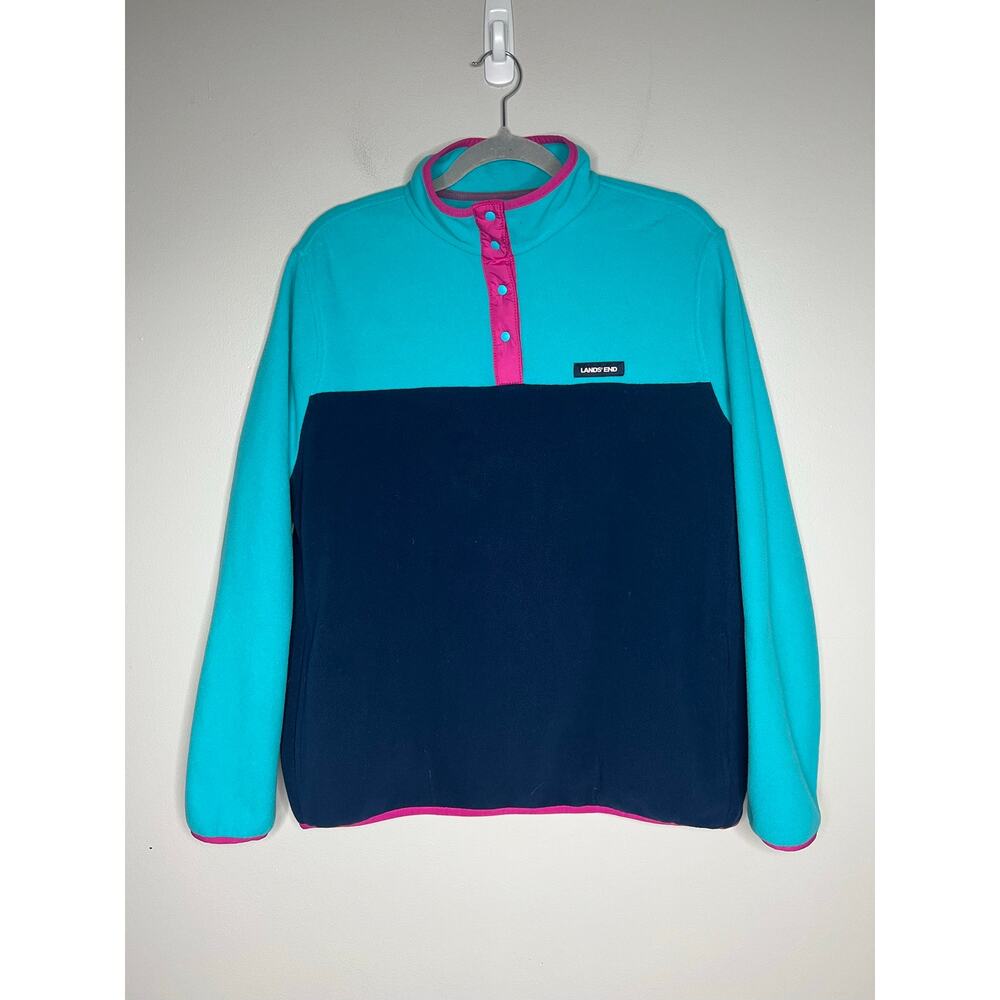 Lands'‎ End Heritage Fleece Snap Neck Pullover Color Block Blue Pink Women's L